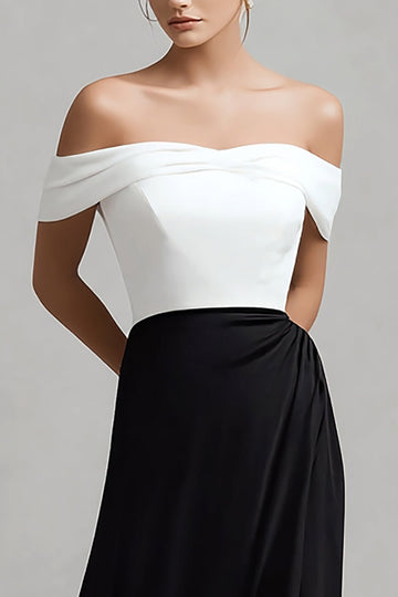 Svart Vit Satin Off The Shoulder Formell Klänning Med Slits